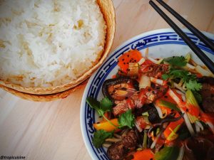 wok de bœuf à la sauce d'huitre, riz gluant cours de cuisine grenoble tropicuisine à dom