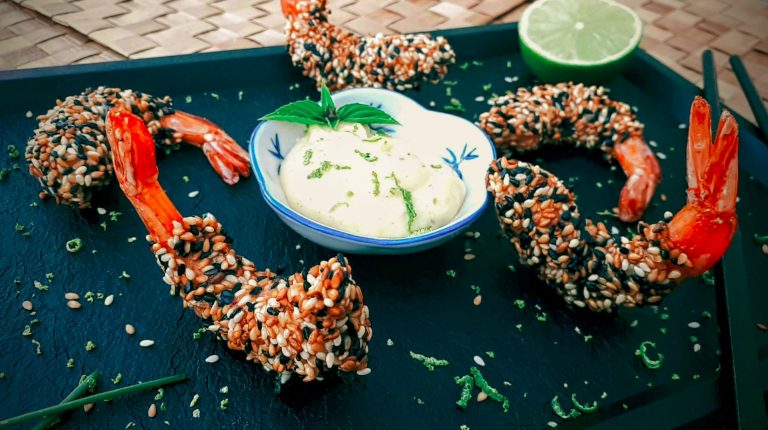 Crevettes sésame sauce wasabi cours de cuisine grenoble tropicuisine à dom